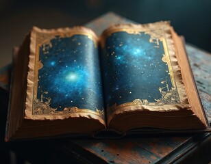 Fototapeta premium Ancient open book displays galaxy nebula and stars. Ornate gold borders frame cosmic pages. Old manuscript offers knowledge, wisdom, and timeless stories. This antique tome holds universe secrets.