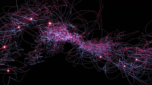 A chaotic, horizontal cloud of tangled neon pink and cyan wires flickering with sporadic red light bursts, resembling a digital storm or a complex neural firing.