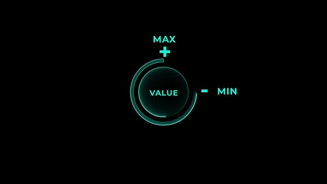 Glowing neon value slider control with max and min settings on black background for data adjustment and optimization