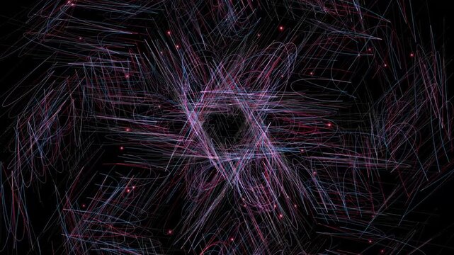 A fast-paced, immersive zoom through a dense thicket of straight neon beams and sharp-edged lines that eventually dissolve into total darkness.