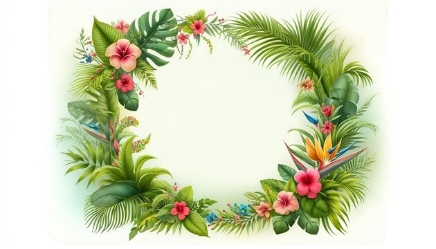 Fresh Exotic Jungle Light Green Background Copy Space Menu Border of Tropical Leaves Flowers Watercolor For Summer Vibes Greeting Cards Posters Banners Placards Cafe Coffee Shop Hawaii Bar Restaurant