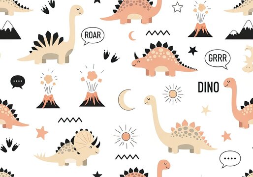 Cute dinosaurs and volcanoes with speech bubbles in a retro style