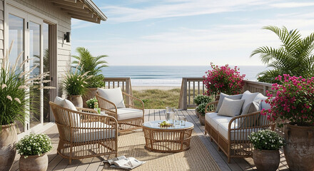 Fototapeta premium Cozy outdoor patio with wicker furniture overlooking the ocean and sandy beach ocean view