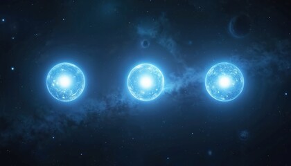 Fototapeta premium Three bright blue celestial bodies emit light in dark cosmic nebula. Distant stars and planets visible in deep space. Mysterious, vast universe.