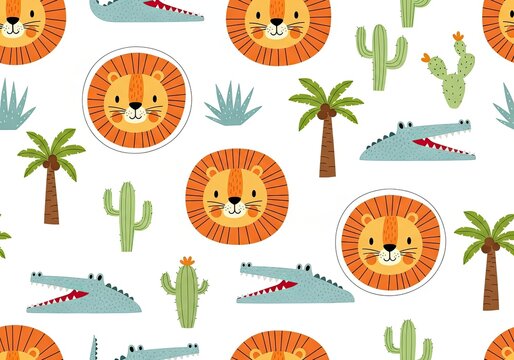 Jungle animals including lions and crocodiles with cacti and palm trees