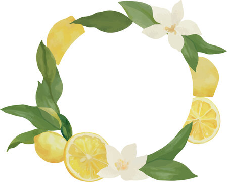 Lemons and Flowers Botanical Frame Watercolor Vector Illustration