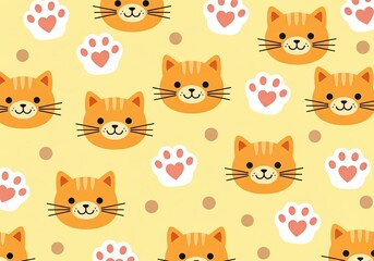 Obraz premium Orange tabby cat faces and paws pattern on yellow
