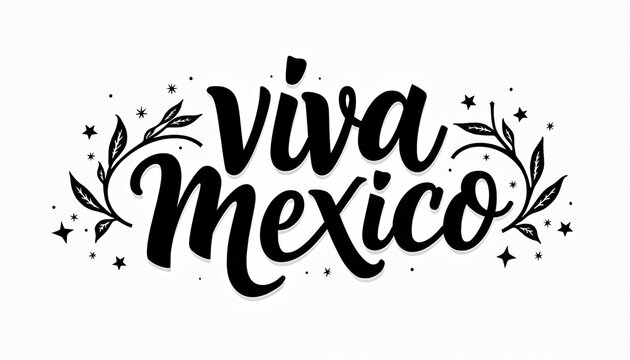 Calligraphic phrase Viva Mexico in black and white. Decorative flourish with leaves and stars frames the lettering. Celebrates Mexican culture and patriotism with stylish typography.