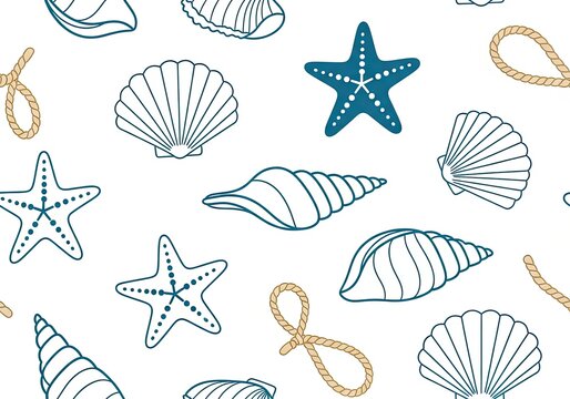 Ocean seashells and starfish pattern with rope border