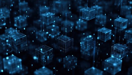 a dark blue background with small white squares of code floating around, creating an abstract and futuristic design with the cubes arranged in rows that fill up most of the frame Generative AI