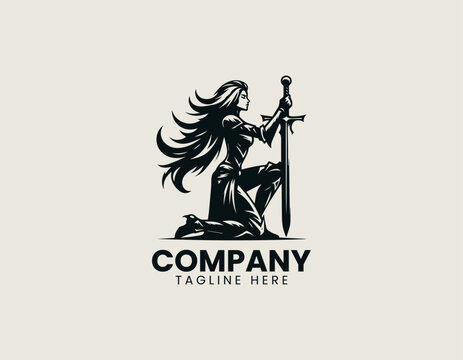 Kneeling female warrior with sword black vector logo illustration isolated on white background