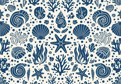 Blue and white nautical seamless pattern with seashells and starfish