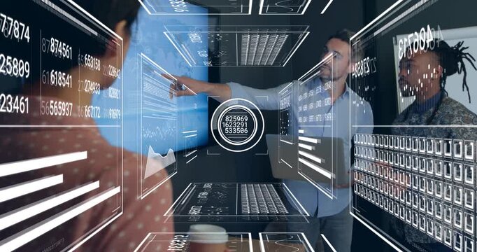 Business team around wall screen, presenter stepping forward pointing, HUD forming showing data