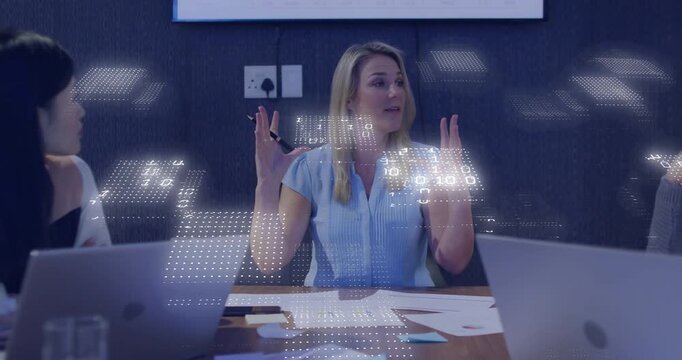 Female presenter raising hands, lowering and clarifying in business, dotted overlay on charts