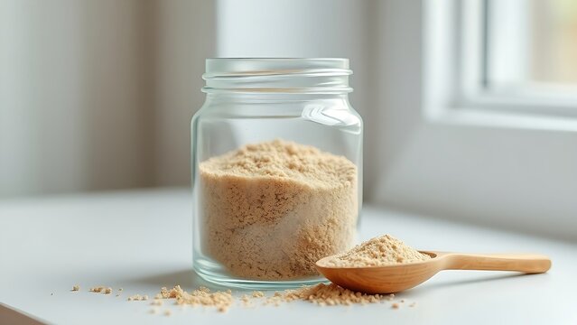 psyllium. Clear glass jar filled with fine brown powder, wooden spoon beside it. menu design, packaging mockups, designed for food delivery and cloud-kitchen brand materials, inspires cooking.