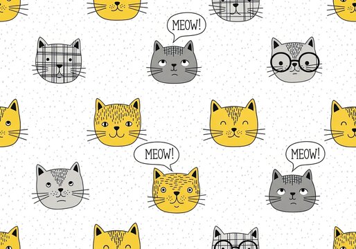 Cute cat faces and meow speech bubbles pattern on dotted background