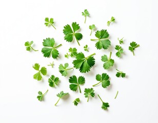 Obraz premium Fresh green parsley leaves scattered randomly on white surface. Small herbs are spread out in a pattern. Parsley sprigs are clean and bright.