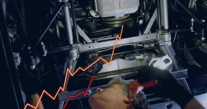 Man inspecting under car bolt, torch revealing fitting while jagged graphics guiding auto repair