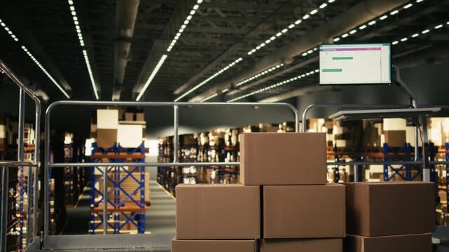 Empty warehouse with no people visible on the platform, computer monitor with tracking software for e-commerce cargo management. Screen shows AWB and tracking numbers, distribution center.