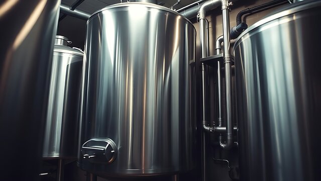 nepotism. A gleaming stainless steel fermenter with pipes in a dim cellar. bar promotions, beverage menus, packaging labels, designed for product packaging and bar promotions, used by photographers.