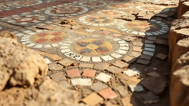 domus. Close-up of ancient mosaic floor with geometric patterns, archaeological texture. event programs, museum guides, designed for cultural heritage projects and event programs.