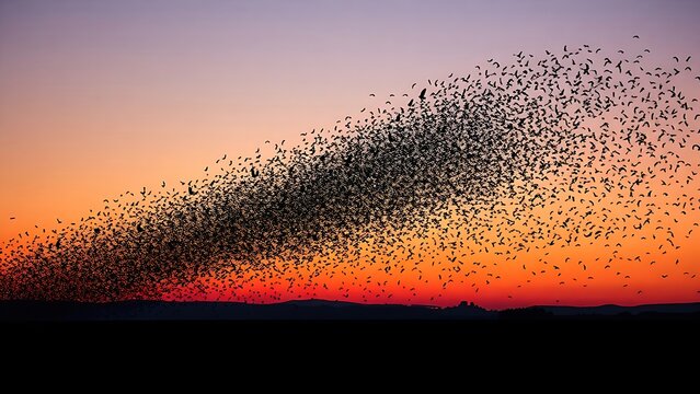overfed. A murmuration of starlings transitioning from a dense cloud to scattered birds against a dusk sky. wildlife magazines, conservation campaigns, designed for eco-tourism storytelling.