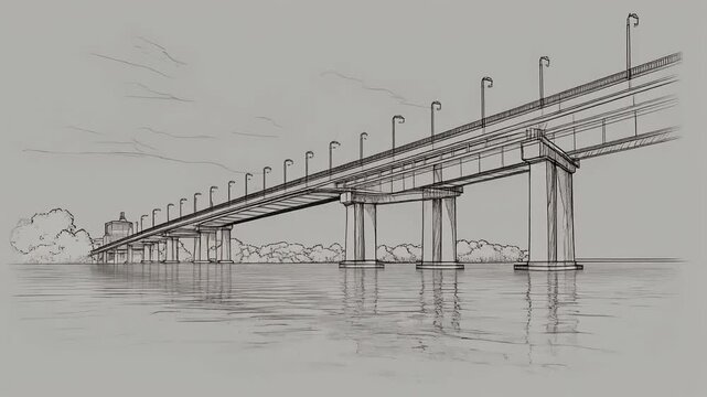 monochromatic pencil sketch of a long bridge over water with streetlig