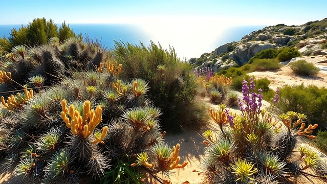 nationalization. Low thorny shrubs and herbs on sun-drenched limestone terrain along a coastline. gardening catalogs, home-decor guides, designed for gardening and botanical catalogs.