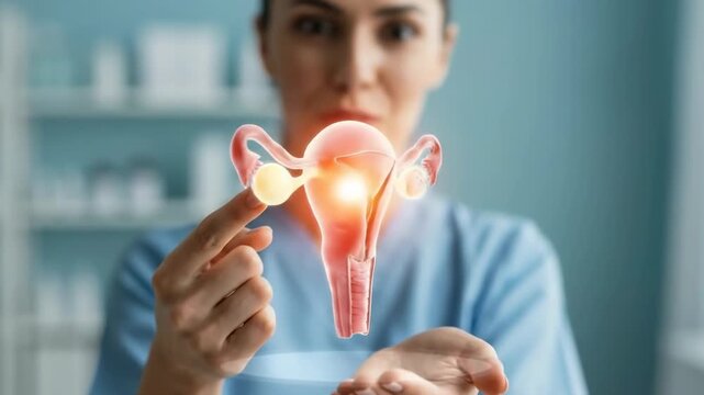 Mulher segurando &uacute;tero 3D &mdash; sistema reprodutivo feminino, sa&uacute;de da mulher, conceito de c&acirc;ncer ginecol&oacute;gico e de colo do &uacute;tero.