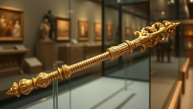 glaive. A ceremonial gilded glaive with carved shaft displayed in a museum. event programs, museum guides, designed for cultural heritage projects and event programs, preserves heritage.