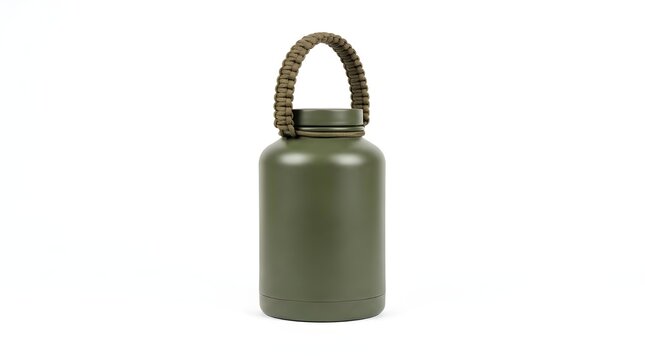 Rugged water jug with thick paracord handle standing boldly against pure white studio background