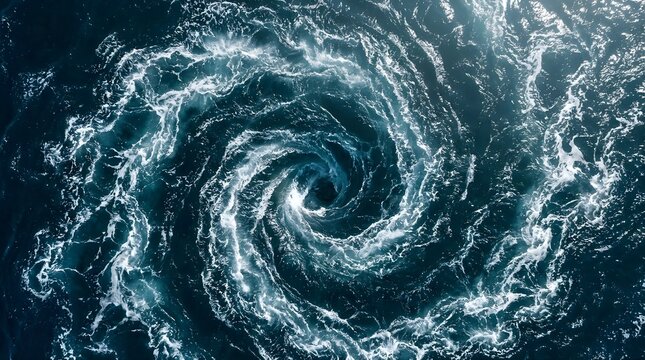 Chaotic underwater whirlpool spiraling violently in deep blue ocean pulling bright foam downward hypnotic motion