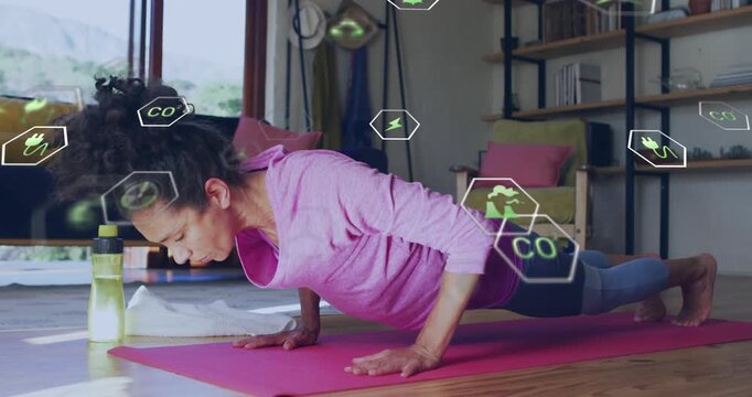 Woman from plank, lowering then pressing into backbend for health, hex icons reacting to movement