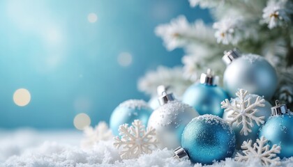 Fototapeta premium Christmas tree ornaments and snowflakes rest in soft snow. Blue and silver baubles gleam near a frosted pine branch. Winter holiday scene with festive decor.