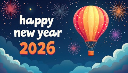 Fototapeta premium Hot air balloon ascends on New Year 2026 eve. Colorful fireworks burst in night sky above clouds. Festive greeting card design wishes happy celebrations.