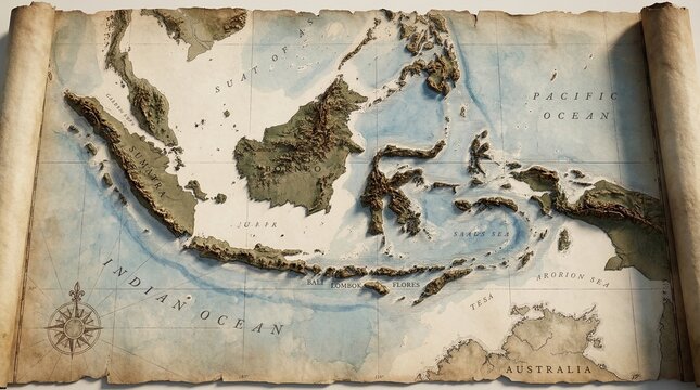 Three-dimensional topographical map of the Indonesian Archipelago and surrounding seas displayed across a weathered, unrolled parchment scroll.
