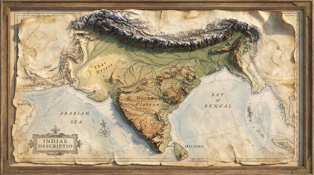 Ornately framed, textured relief map showcasing the geography of India and surrounding nations rendered in an aged, sepia-toned style.