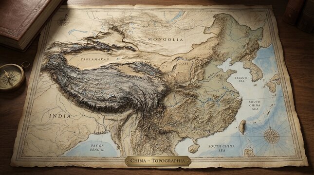 Antique style physical map of China and surrounding territories lies open on a wooden desk beside a compass and old book for research.