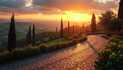 Naklejka premium Golden hour sunset illuminates rolling hills, winding stone road lined with cypress trees. Warm light casts long shadows across green landscape. Peaceful countryside panorama offers serene travel