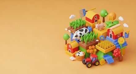 Colorful Farm Scene with Toy Animals and Bright Vegetation