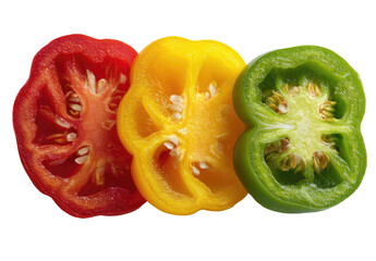 Three colorful bell pepper slices, red, yellow, and green, with seeds visible