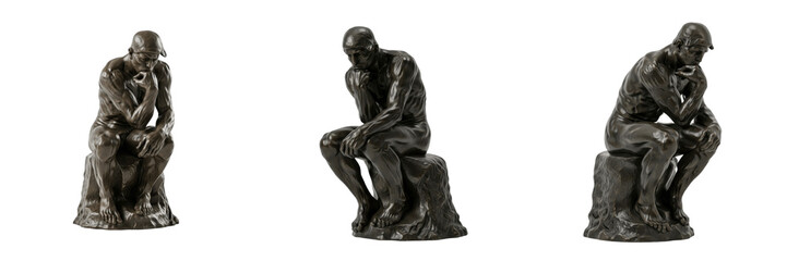 The Thinker sculpture isolated on white background random angle full statue on white floor Le Penseur bronze philosopher sculpture symbol of philosophy contemplation intellectual monument