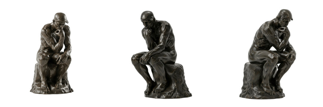 The Thinker sculpture isolated on white background random angle full statue on white floor Le Penseur bronze philosopher sculpture symbol of philosophy contemplation intellectual monument