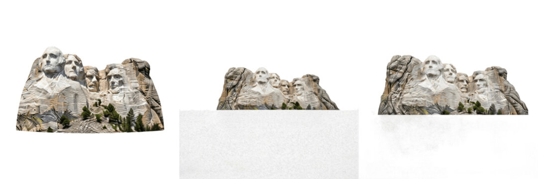 Mount Rushmore presidential sculpture isolated on white background random angle monument sculpture on white floor Black Hills South Dakota landmark United States presidential memorial granite mountain