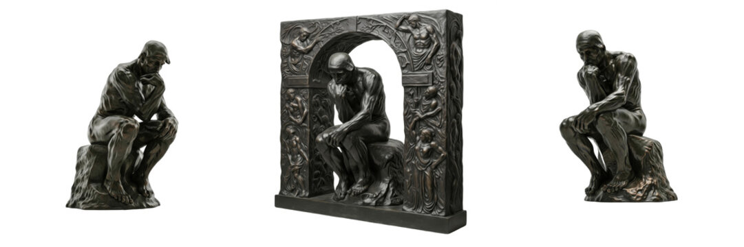The Thinker Gates of Hell statue isolated on white background random angle full sculpture on white floor Rodin Le Penseur bronze sculpture Paris France monumental contemplation art museum landmark
