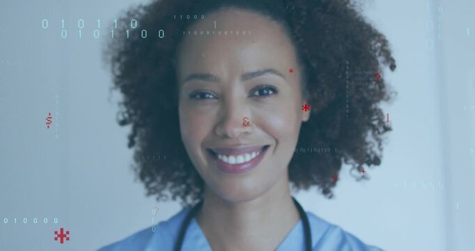 Nurse smiling during closing credits while binary digits and C++ code overlaying face for tech news