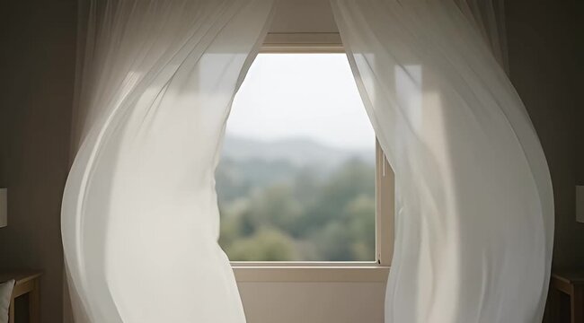 Gentle breeze blowing sheer white curtains through an open window with nature view