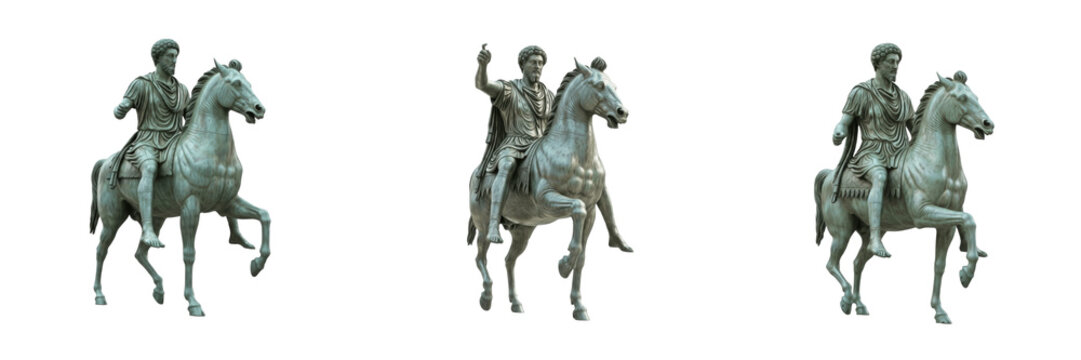 Equestrian Statue of Marcus Aurelius isolated on white background random angle full sculpture on white floor Rome Italy Ancient Roman emperor bronze horse statue classical monument landmark