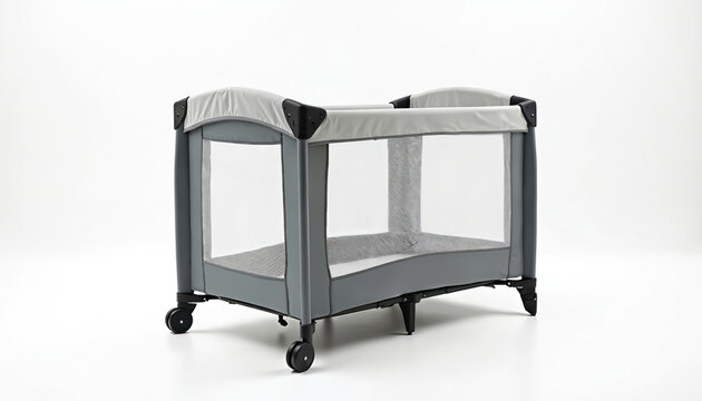 Modern gray portable crib or playpen with mesh sides and wheels. This baby furniture piece offers a safe enclosed space for infants and toddlers. Easy to move and set up for travel or home.