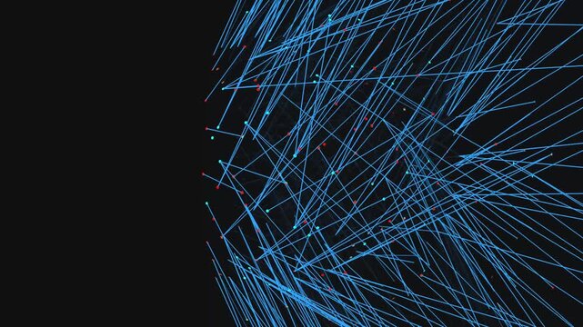 A mesmerizing, deep-perspective animation of a complex blue mandala-like structure composed of intersecting lines and glowing nodes that shifts in a dark 3D space.